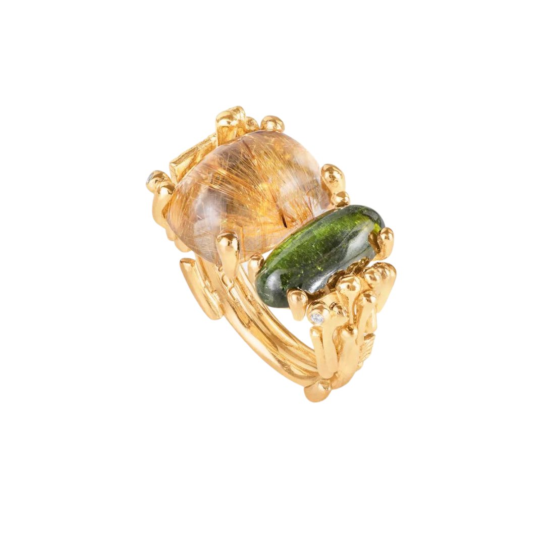 Ole Lynggaard Boho Double Ring with Rutile Quartz, Tourmaline & Diamond - Aurum Jewels