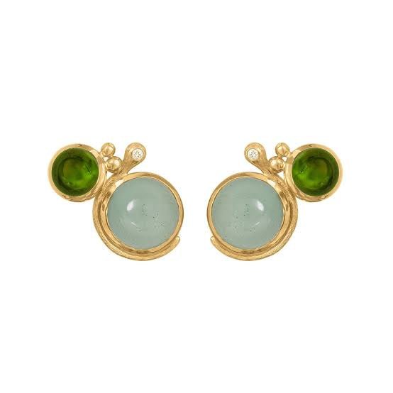 Ole Lynggaard Lotus Earrings with Aquamarine, Diamond & Green Tourmaline - Aurum Jewels