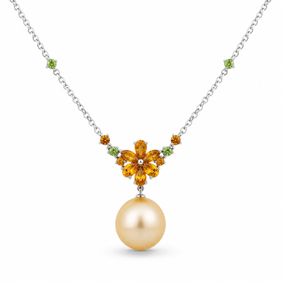 Pale Golden South Sea Pearl, Citrine & Peridot Drop Necklace - Aurum Jewels