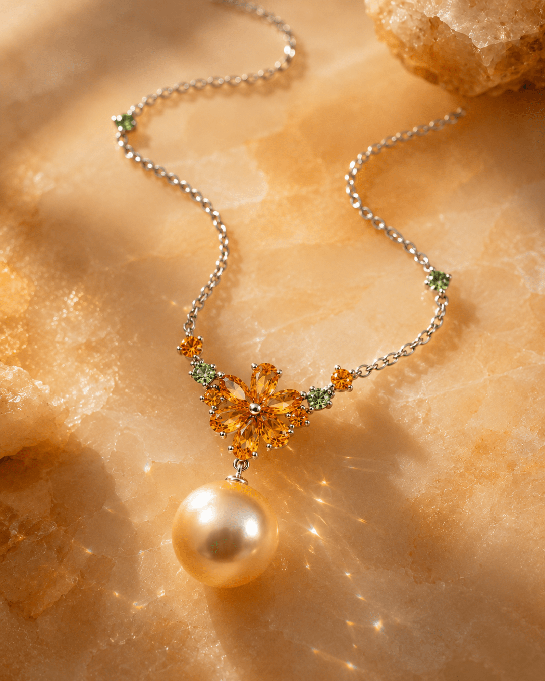 Pale Golden South Sea Pearl, Citrine & Peridot Drop Necklace - Aurum Jewels