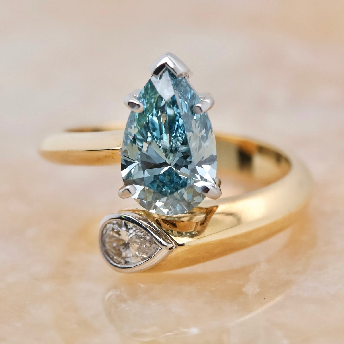 Pear Shaped Blue & White Diamond Engagement Ring - Aurum Jewels