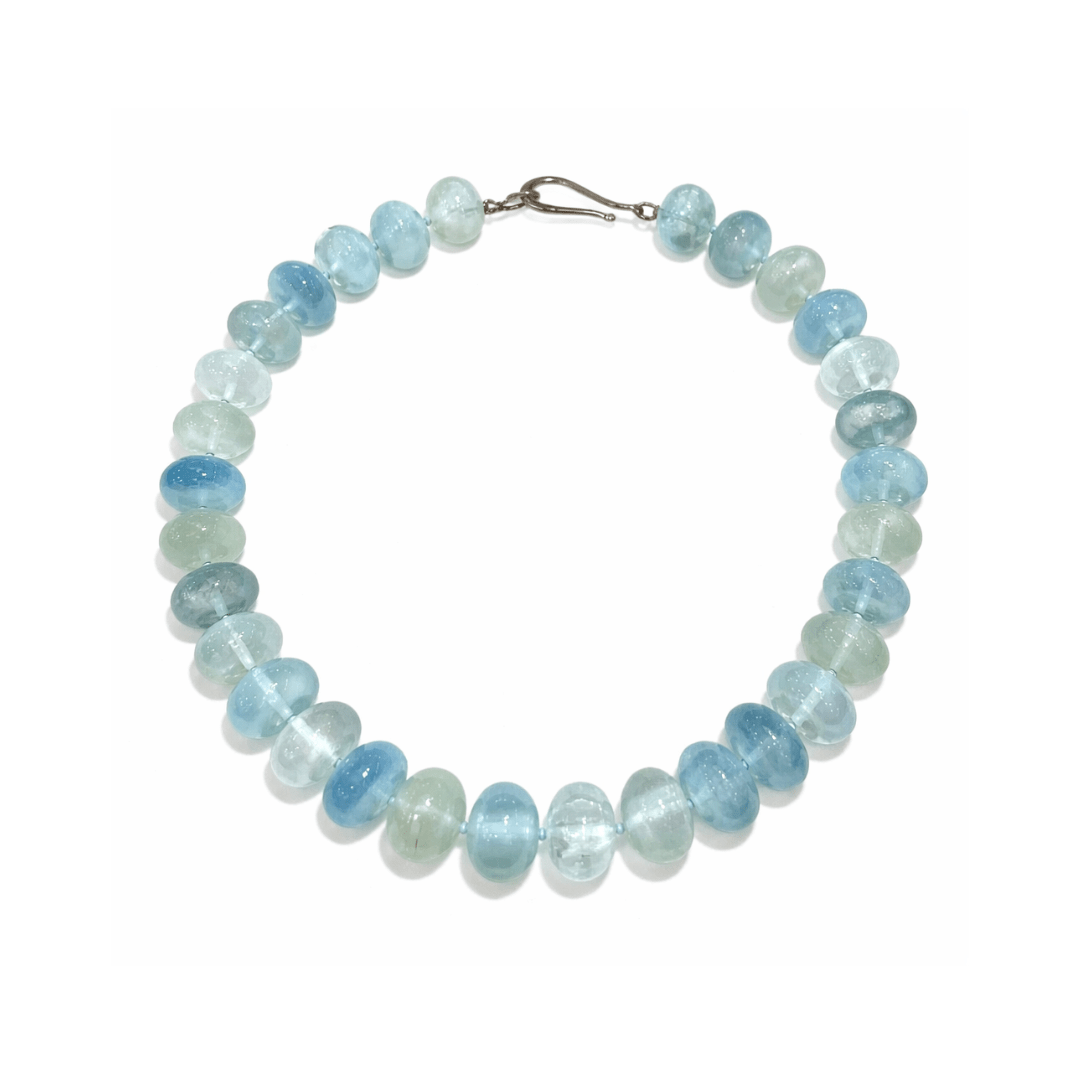 Polished Aquamarine Gemstone Rondel Bead Necklace - Aurum Jewels