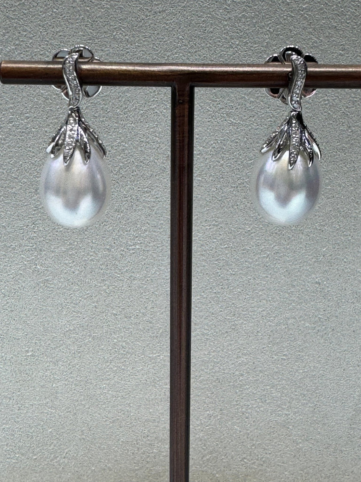 South Sea Drop Shaped Pearl & Diamond Earrings - Aurum Jewels