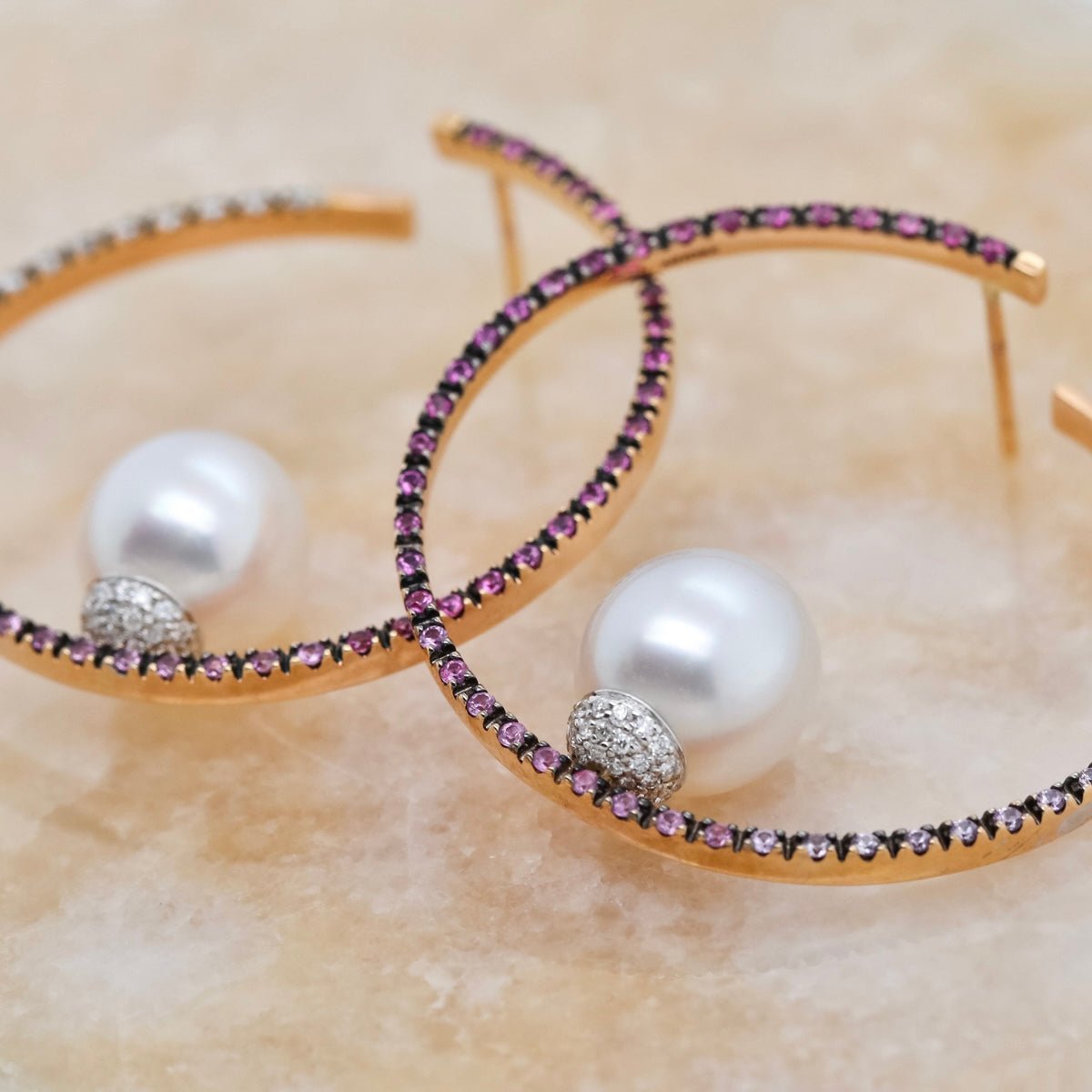 South Sea Pearl & Pink Sapphire Hoop Earrings - Aurum Jewels