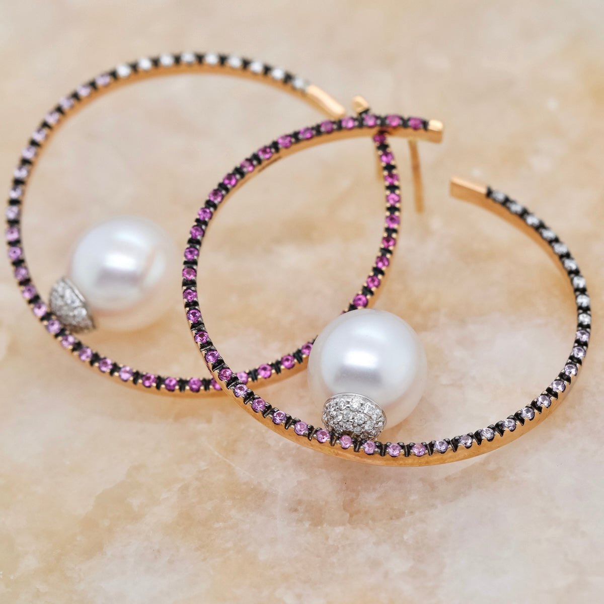 South Sea Pearl & Pink Sapphire Hoop Earrings - Aurum Jewels