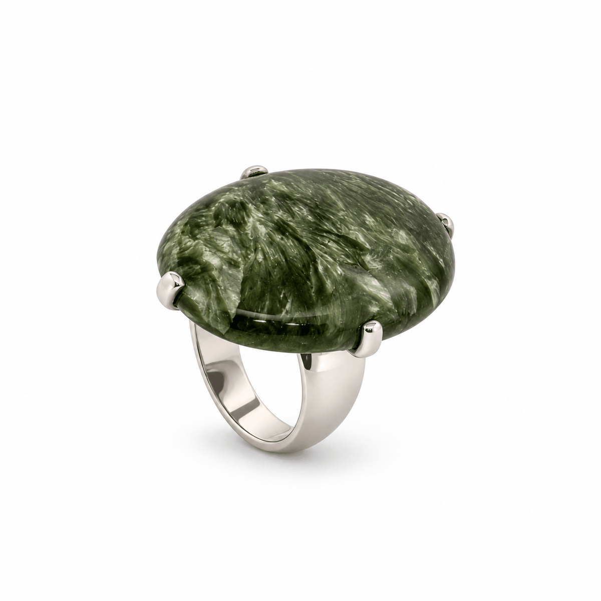 Sterling Silver & Large Flat Oval Seraphinite Agate Dress Ring - Aurum Jewels