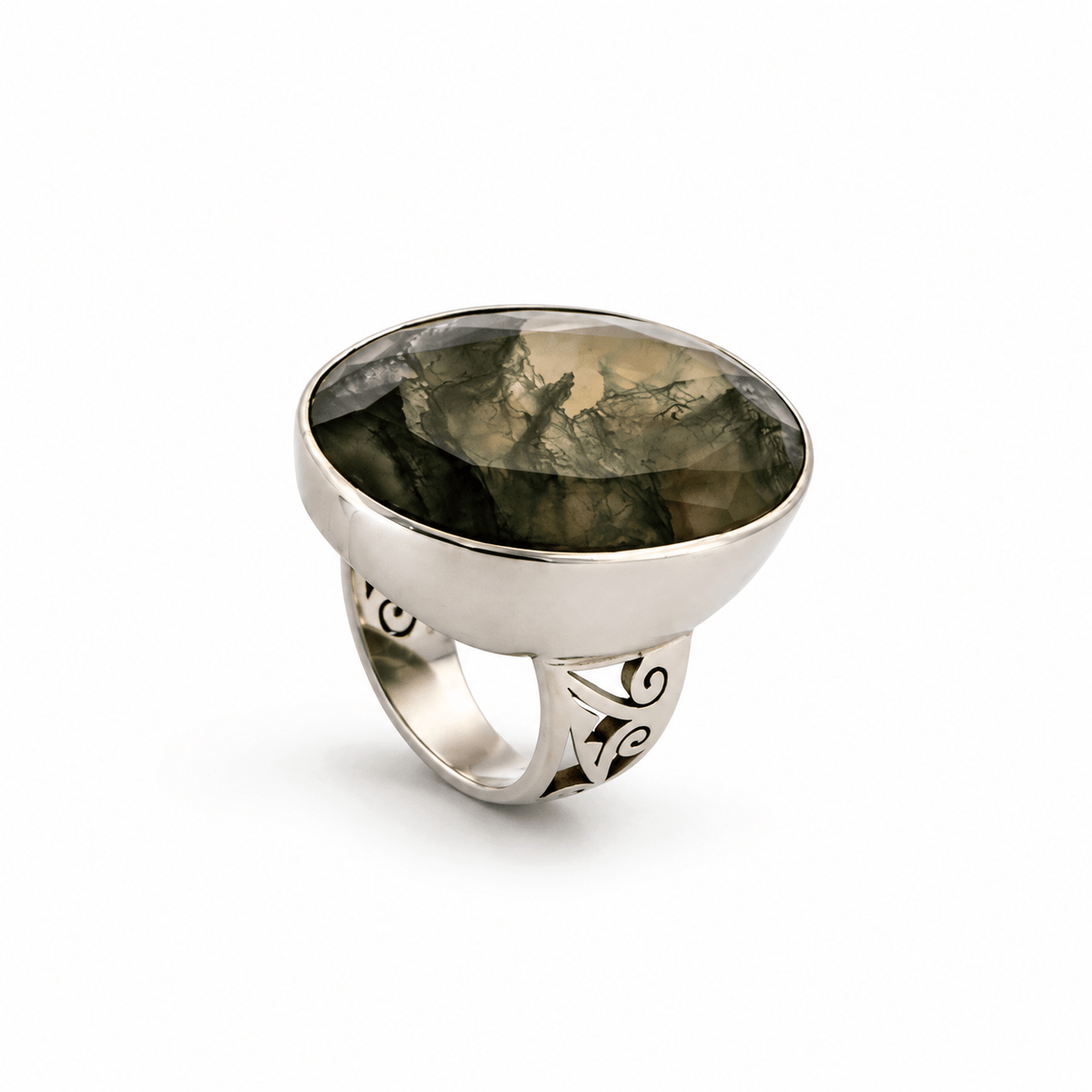 Sterling Silver & Oval Shaped Moss Agate Dress Ring - Aurum Jewels