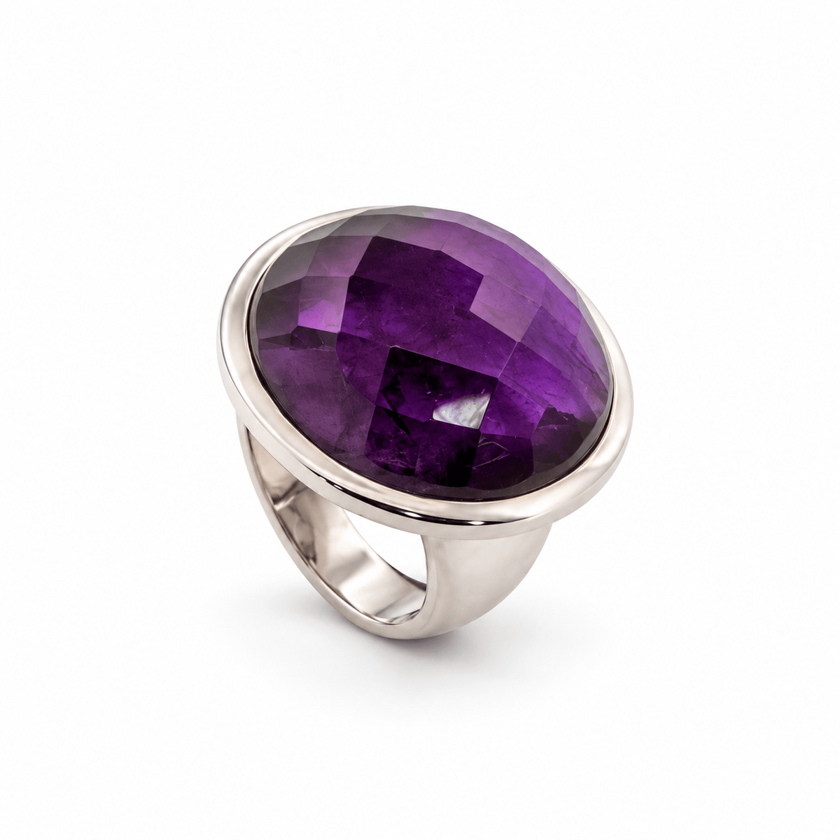Sterling Silver & Round Checkerboard Cut Amethyst Dress Ring - Aurum Jewels